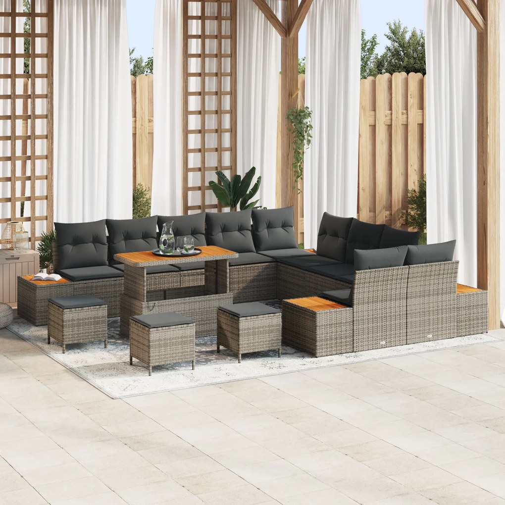 Conjunto de Sofá de Jardim vidaXL com 14 Peças e Almofadas Cinzento Rattan Sintético Acácia
