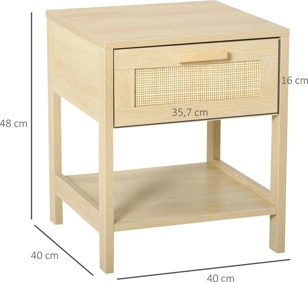 Mesa de cabeceira em malha Mesa lateral com gaveta e prateleira inferior em DM e vime para quarto Sala 40x40x48 cm Cor madeira