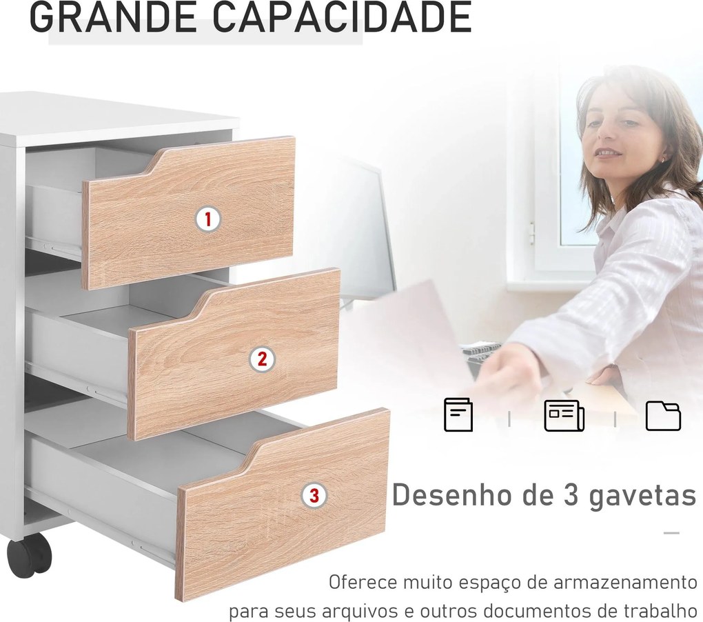 Bloco de Gavetas para Escritório Móvel de Escritório Bloco de Gavetas com 3 Gavetas e 4 Rodas 40x50x57,5 cm Madeira e Branco