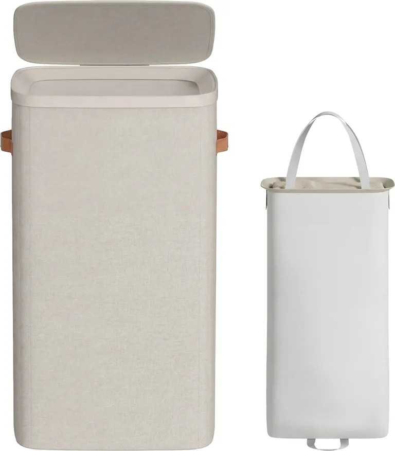 Cesto da roupa suja, cesto de 65 L, cesto com tampa e pegas, 39 x 22 x 75 cm, bege