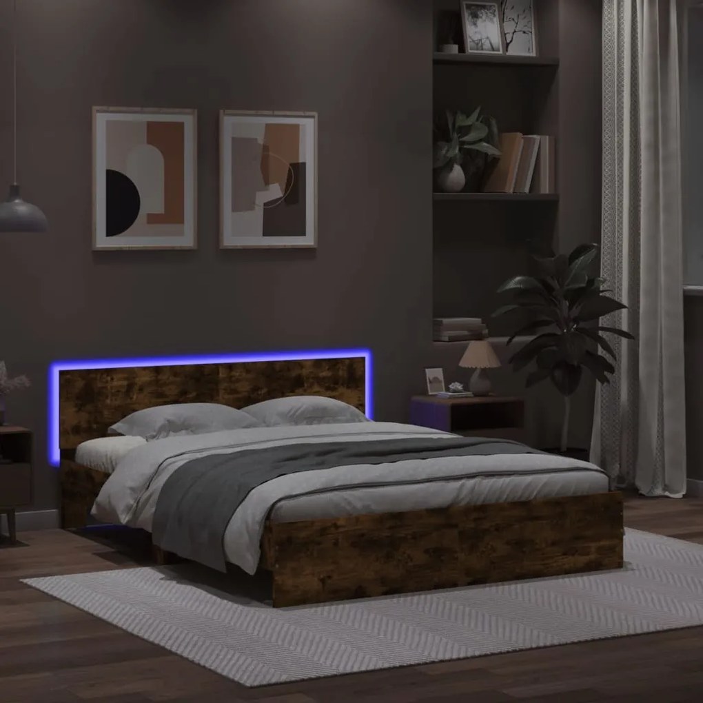 vidaXL Estrutura cama c/ cabeceira/luzes LED 160x200cm carvalho fumado