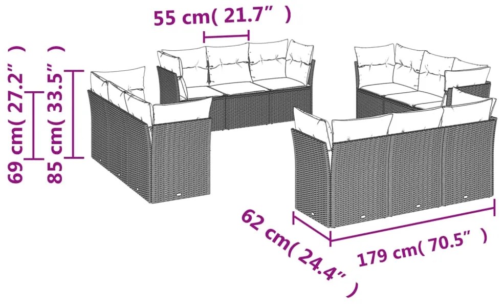 12 pcs conjunto de sofás jardim com almofadões vime PE castanho