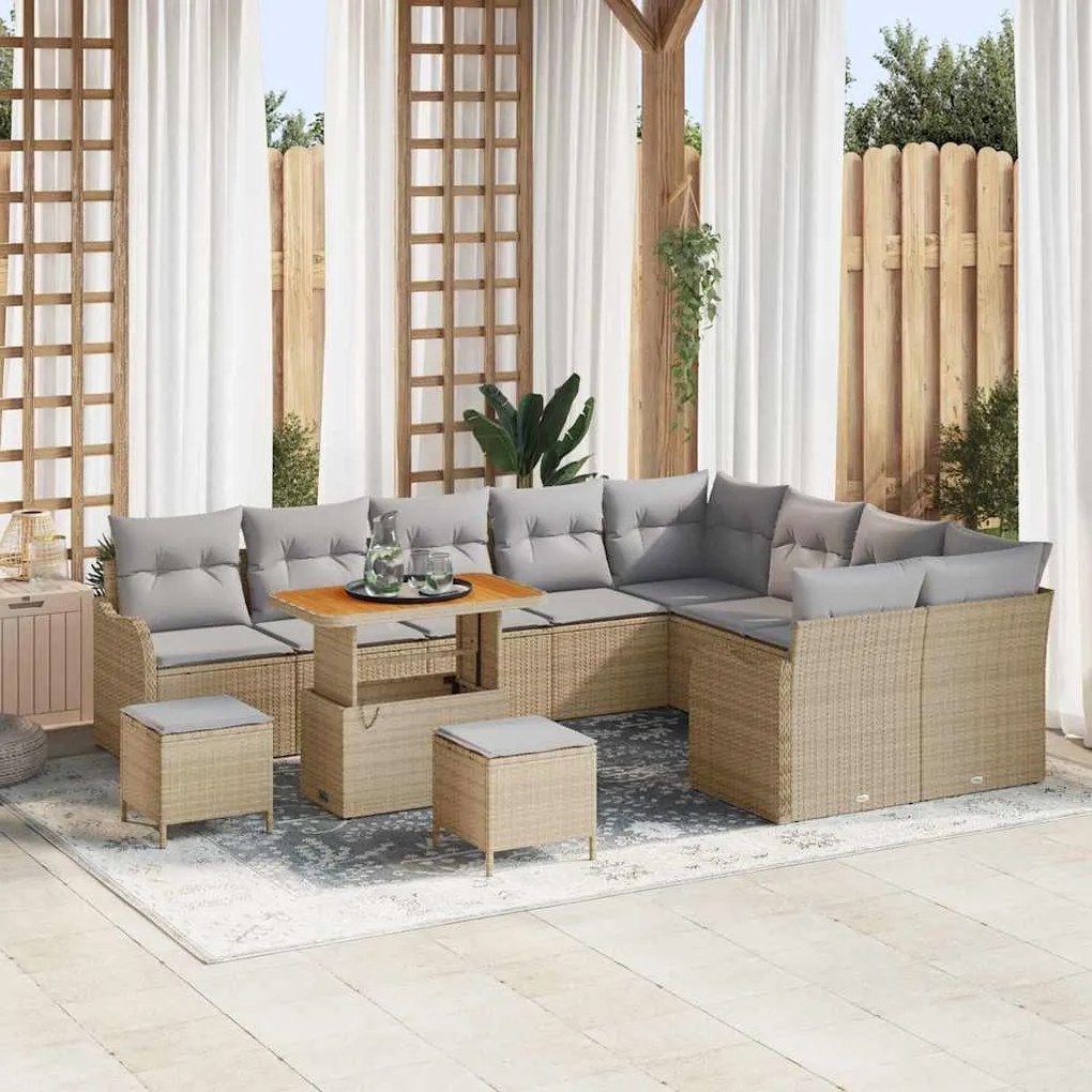 vidaXL Conjunto de Sofá de Jardim com 12 Peças e Almofadas de Rattan Bege e Acácia.