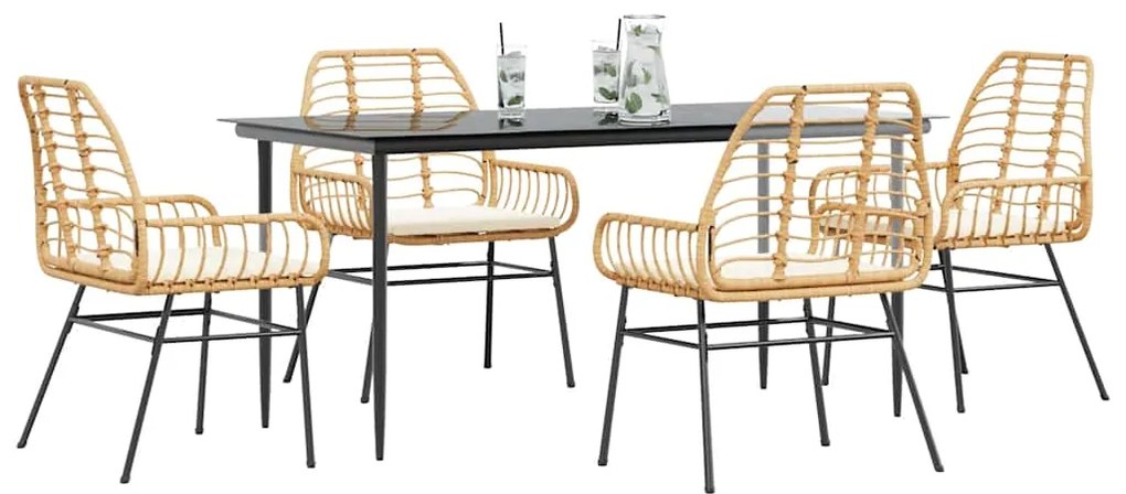 Conjunto jantar jardim 5 peças almofadas vidro vime PE castanho