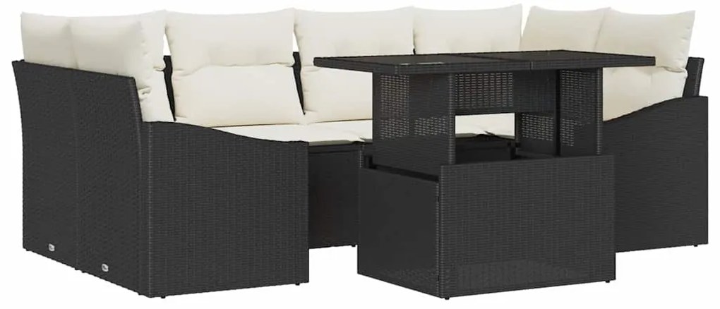 Conjunto de Sofá de Jardim de 7 Peças com Almofadas em Rattan Preto