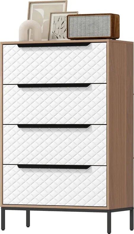 Cómoda com 4 Gavetas de Tecido Frentes com Padrão de Diamante Móvel de Arrumação 59,5,5x30x92,5 cm Madeira e Branco