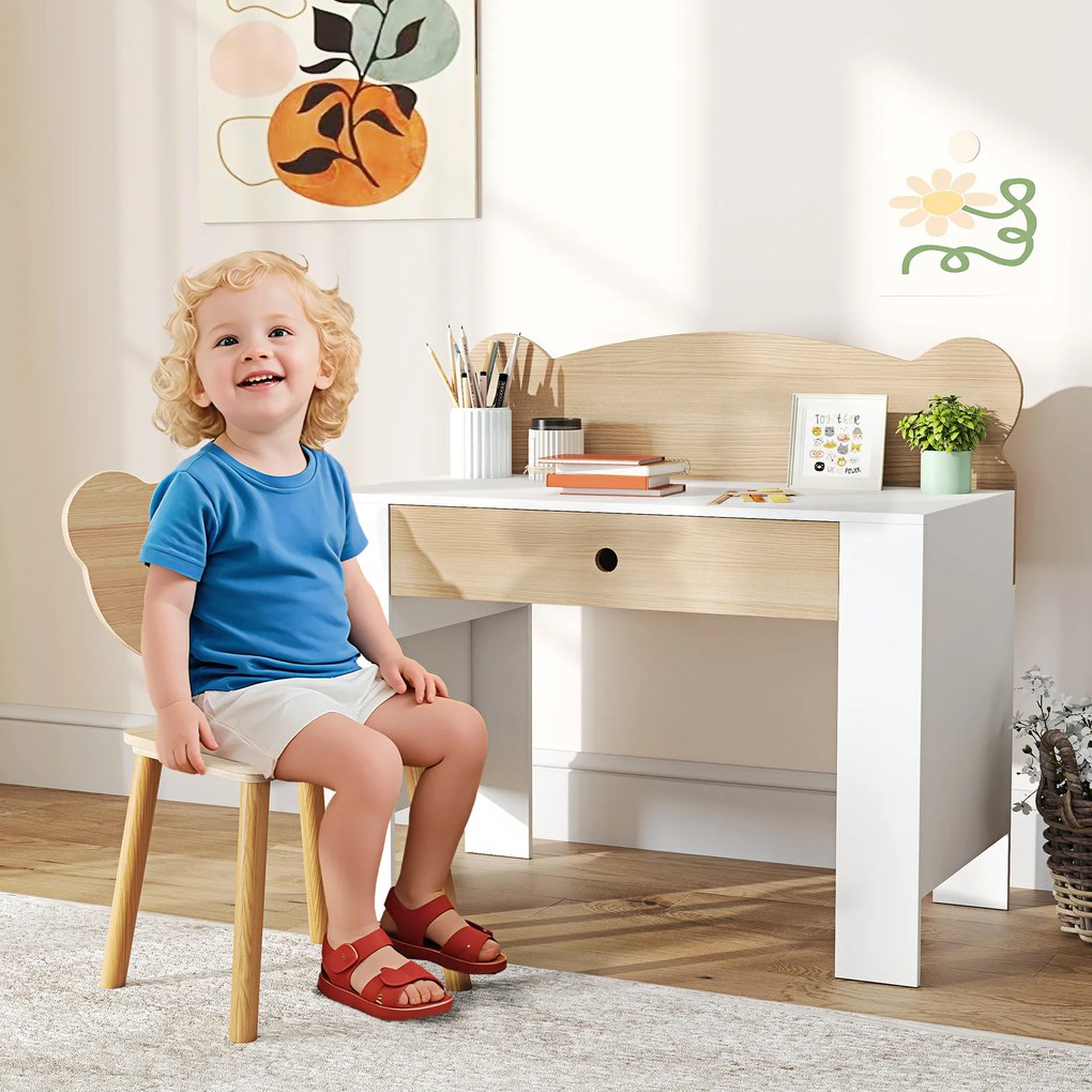 Secretária infantil com cadeira, mesa infantil e cadeira com gaveta e tampo largo, 80 x 41 x 74,5 cm, madeira natural