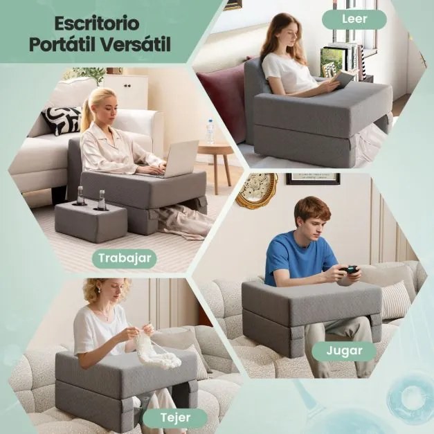 Conjunto de 3 almofadas de leitura, para colo e costas com bolso de armazenamento e porta-copos cinza