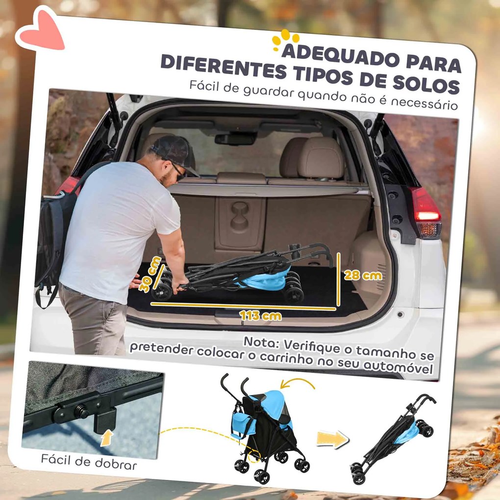 Carrinho para Cães Pequenos com Estrutura Compacta Carrinho Dobrável com Colchão Lavável Suporte para Copos 76x44x103 cm Azul