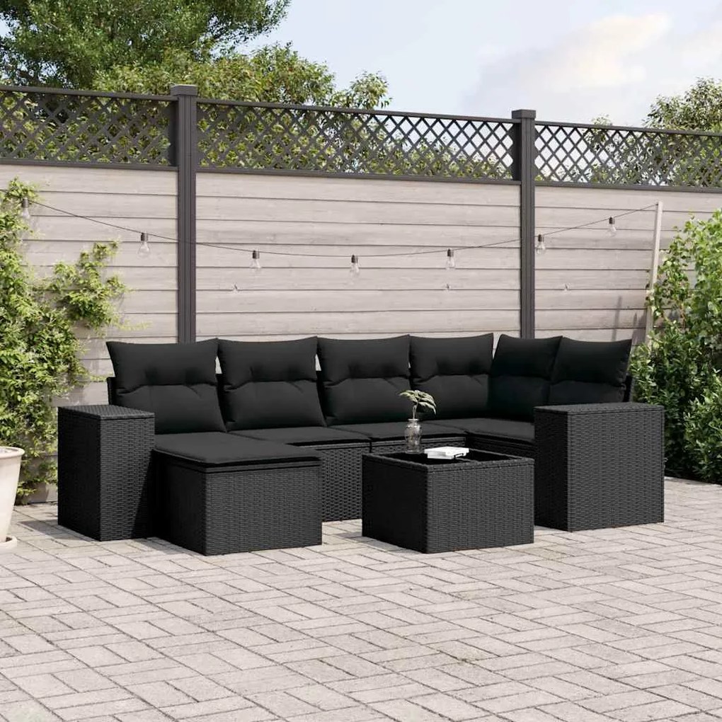 7 pcs conjunto de sofás p/ jardim c/ almofadões vime PE preto