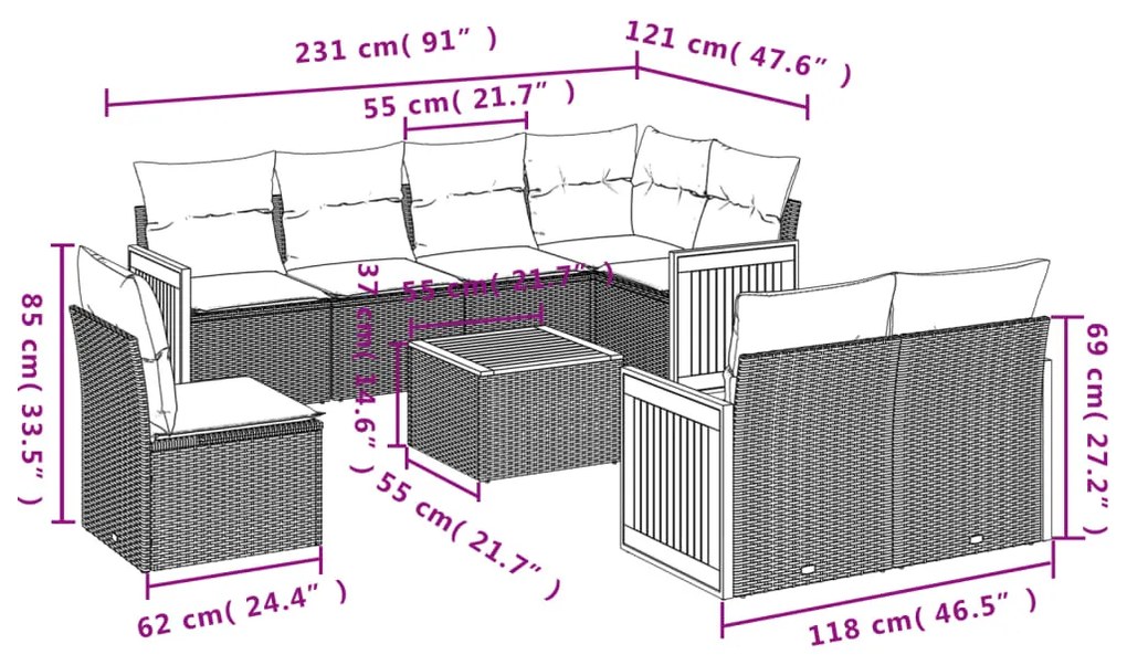 9 pcs conjunto sofás p/ jardim com almofadões vime PE cinzento