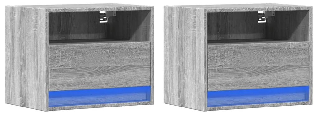 Mesas de cabeceira de parede com luzes LED 2pcs cinzento sonoma