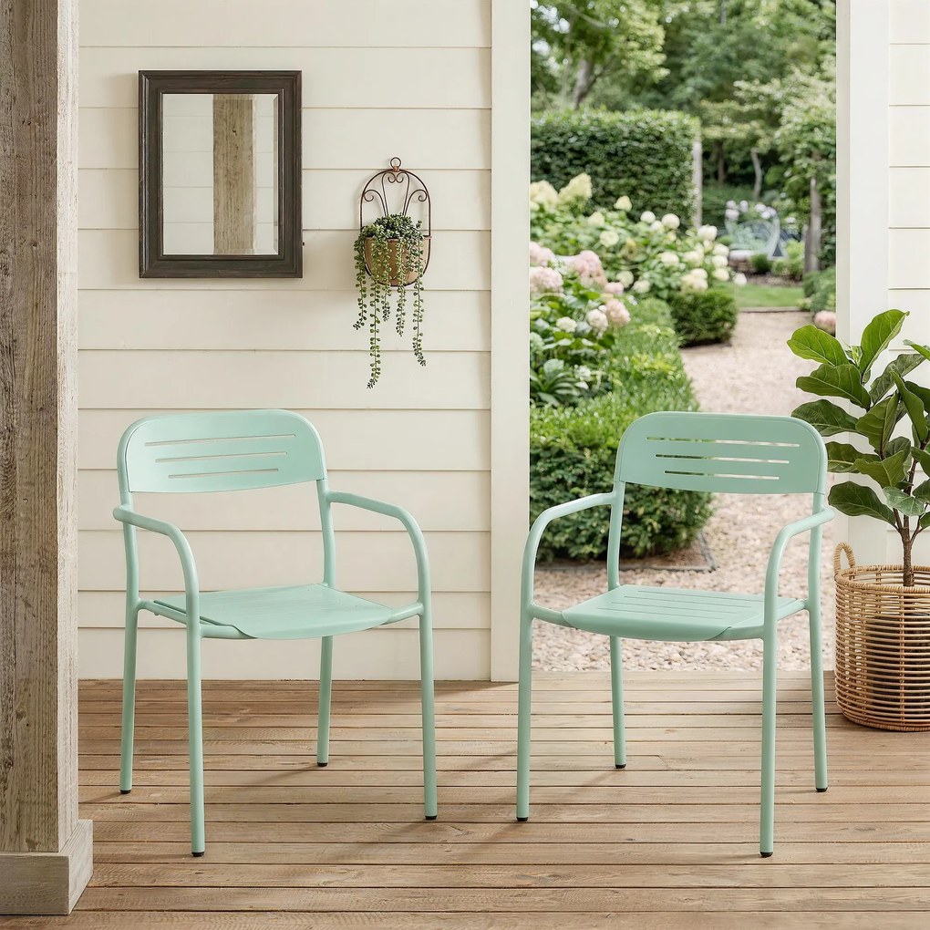 Conjunto de 2 cadeiras de jardim empilháveis (MESA NÃO INCLUIDA), resistentes às intempéries, com braços, 56 x 58 x 78 cm, verde