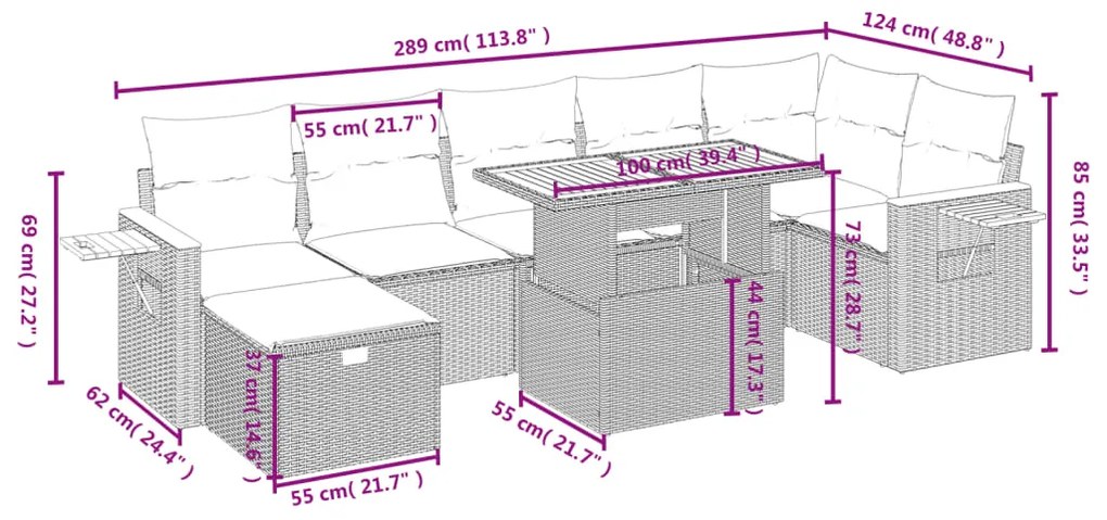 8 pcs conjunto sofás de jardim c/ almofadões vime PE cinzento