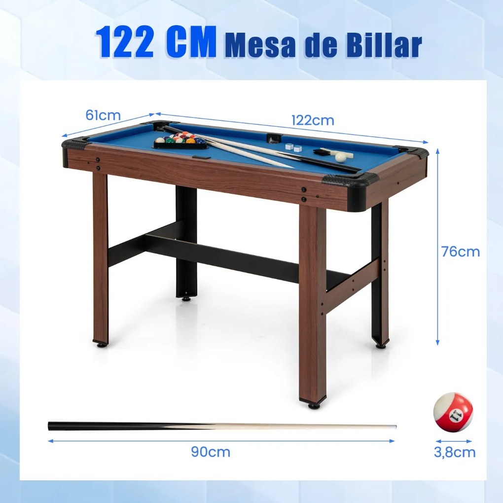 Mesa de bilhar de 122 cm para crianças e adultos Mesa de madeira com conjunto de bolas 2 paus de bilhar 2 gizes Triângulo Escova de bar Azul