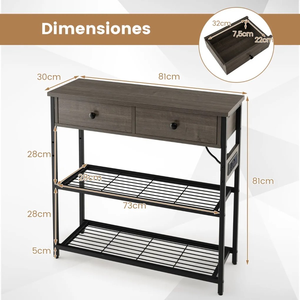 Mesa consola com estação de carregamento Gavetas Estantes Tomadas de corrente e 2 Portas USB 81 x 30 x 81 x 81 cm Cinzento