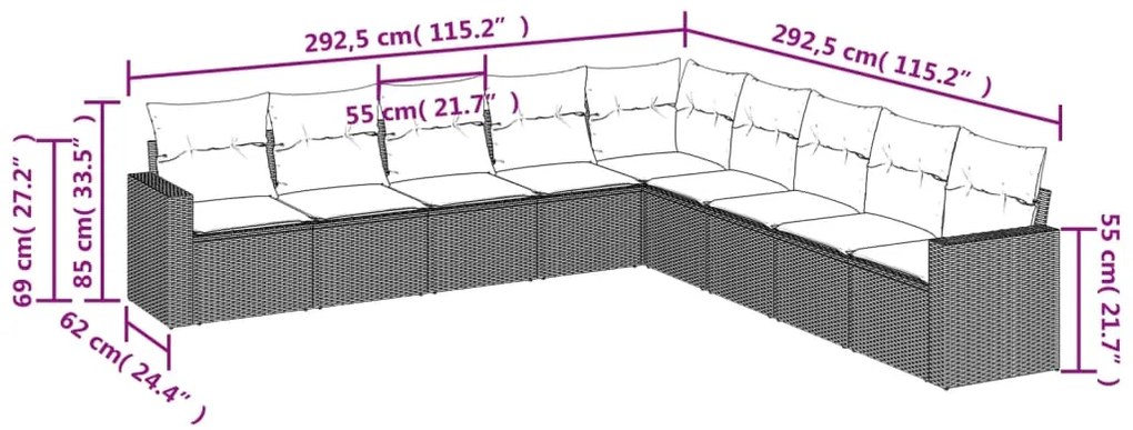 9 pcs conjunto de sofás p/ jardim com almofadões vime PE bege