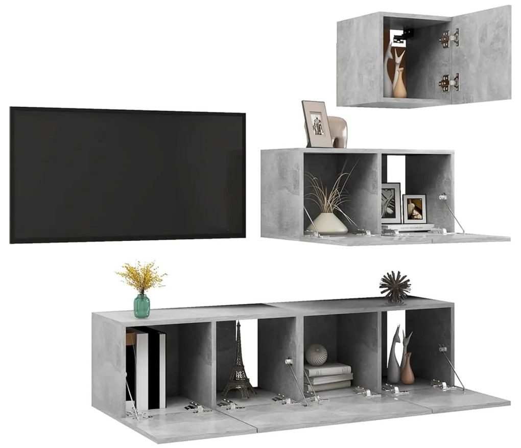 4 pcs conjunto móveis de TV derivados madeira cinzento cimento