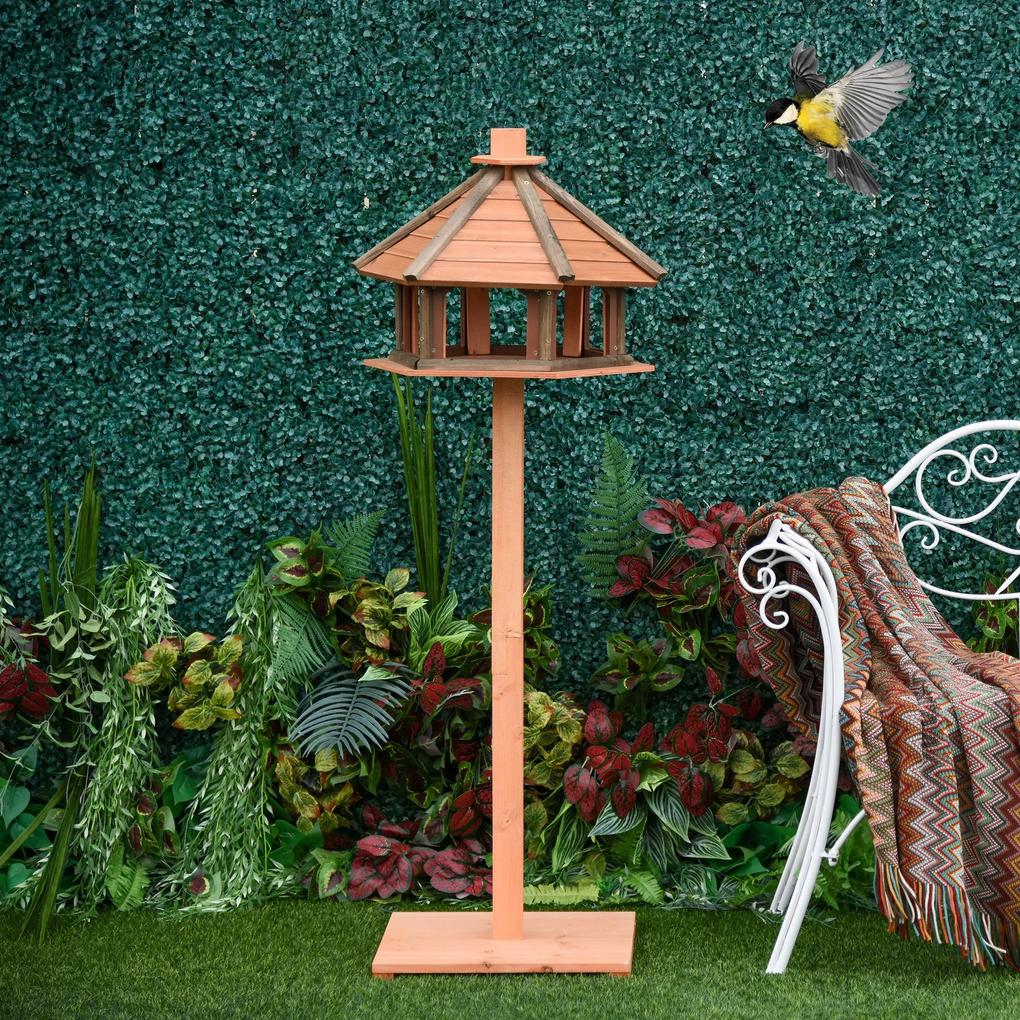 Casa para Pássaros de Pé de Madeira Maciça Ø52x130cm com Teto Comedouro para Aves Silvestres para Exterior Jardim Natural