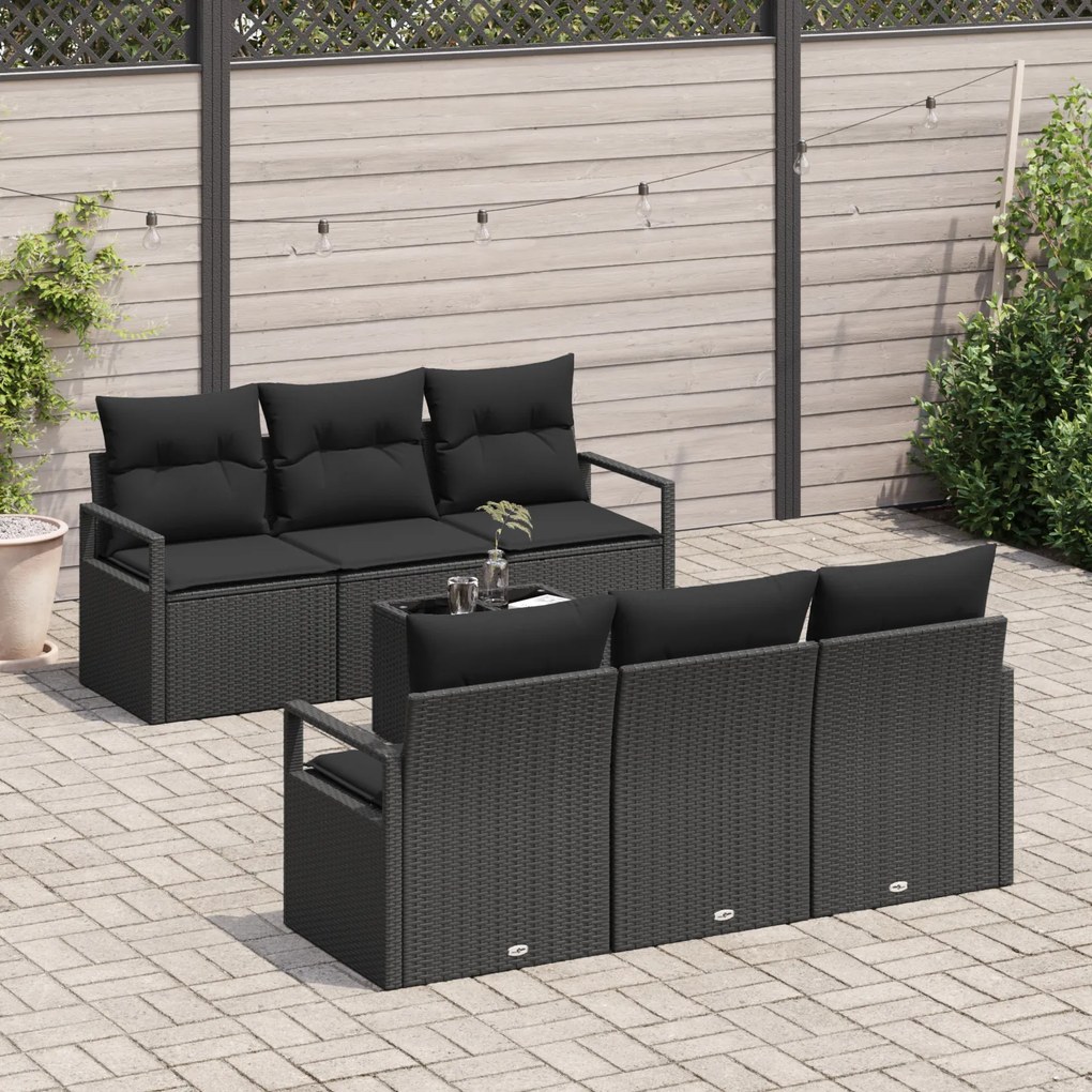 Conjunto de Sofá de Jardim de 7 Peças com Almofadas Preto Vime de Poli
