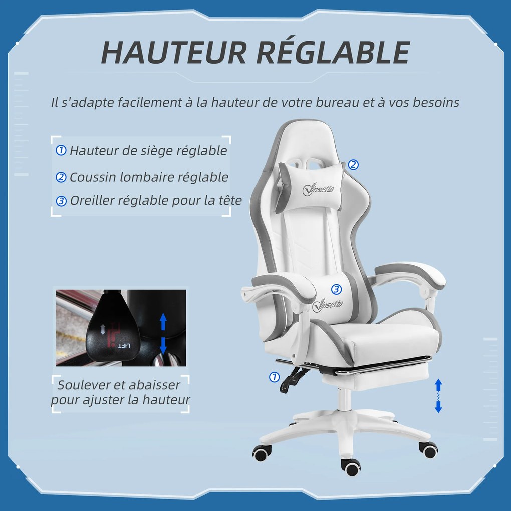 Cadeira de gaming ergonómica com encosto reclinável até 135° e apoio lombar, 65 x 65 x 121-129 cm, branca