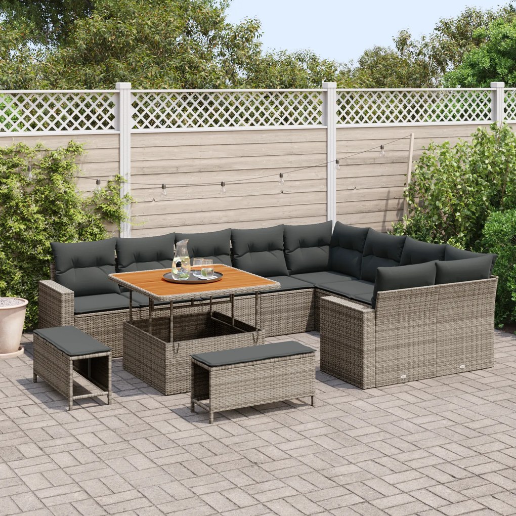 Conjunto de Sofás de Jardim vidaXL com Almofadas Cinza Rattan Poliéste