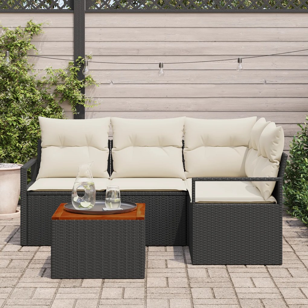 Conjunto de Sofá de Jardim de 5 Peças com Almofadas Preto Rattan Acáci