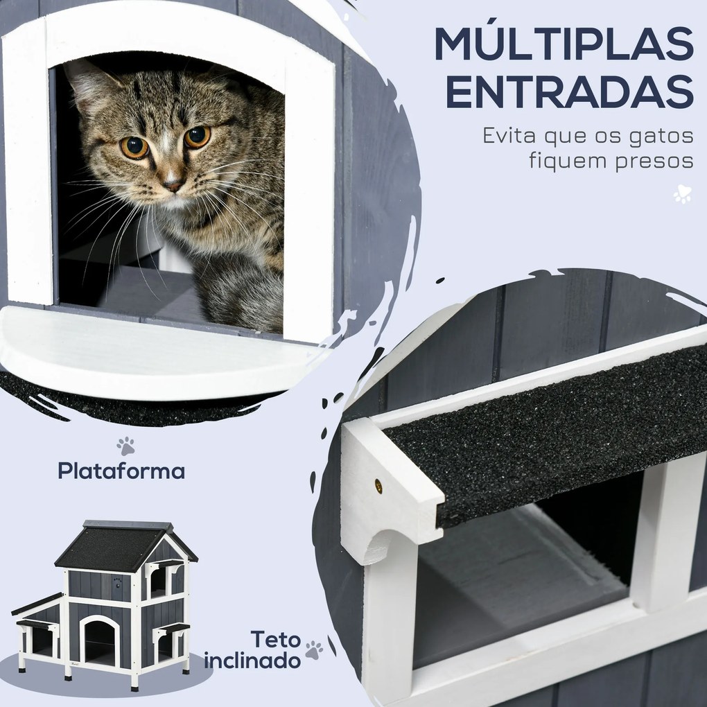 Casa para Gatos de Madeira com Suporte para Flores 96x65x85,5 cm Casa para Gatos de 2 Níveis com Teto Asfáltico Janela e Múltiplas Entradas Cinza