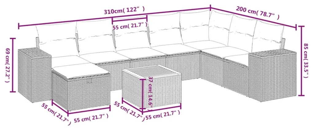 9 pcs conjunto de sofás p/ jardim com almofadões vime PE bege