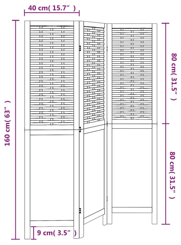 Biombo c/ 3 painéis madeira de paulownia maciça castanho-escuro
