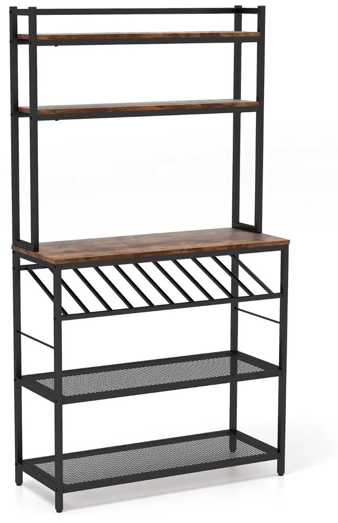 Estante de cozinha com 6 níveis, 6 prateleiras, 6 ganchos, suporte inclinado para garrafas e 2 prateleiras de rede 90 x 35 x 165 cm Castanho rústico