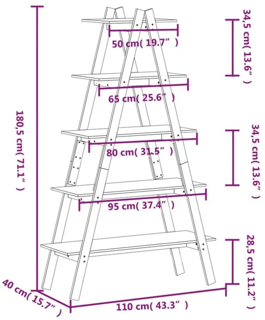 Estante c/ 5 prateleiras forma de A 110x40x180,5cm pinho maciço