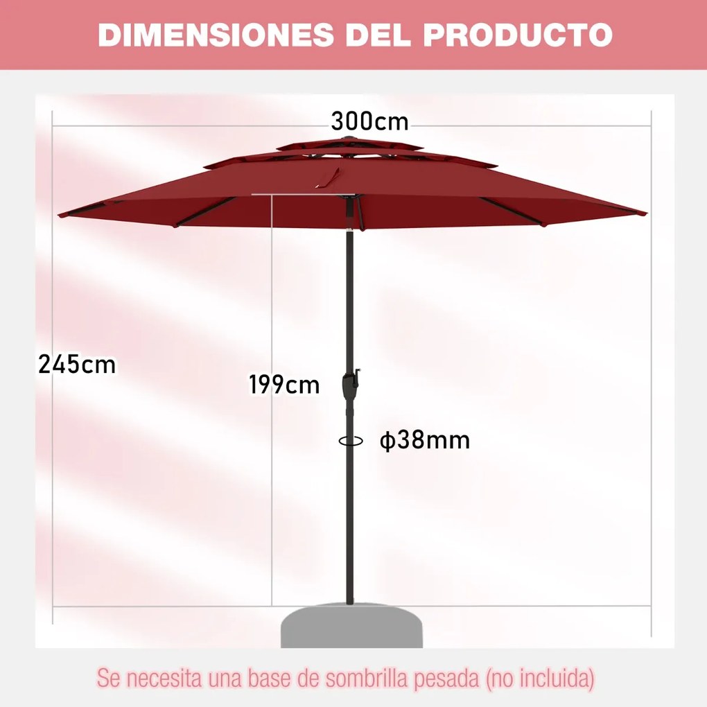 Guarda-sol ventilado de 3 níveis com botão de inclinação, manivela, 8 varas resistentes, 300 x 300 x 245 cm, Vermelho