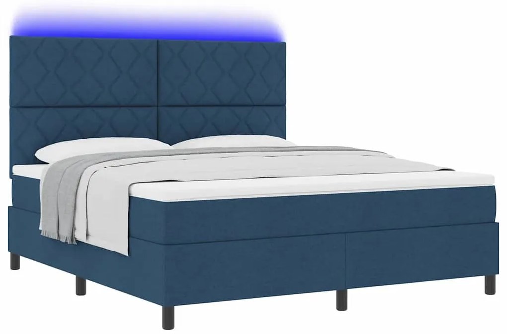 Cama Box Spring com Colchão e Luz LED - Azul, 180x200 cm, Tecido