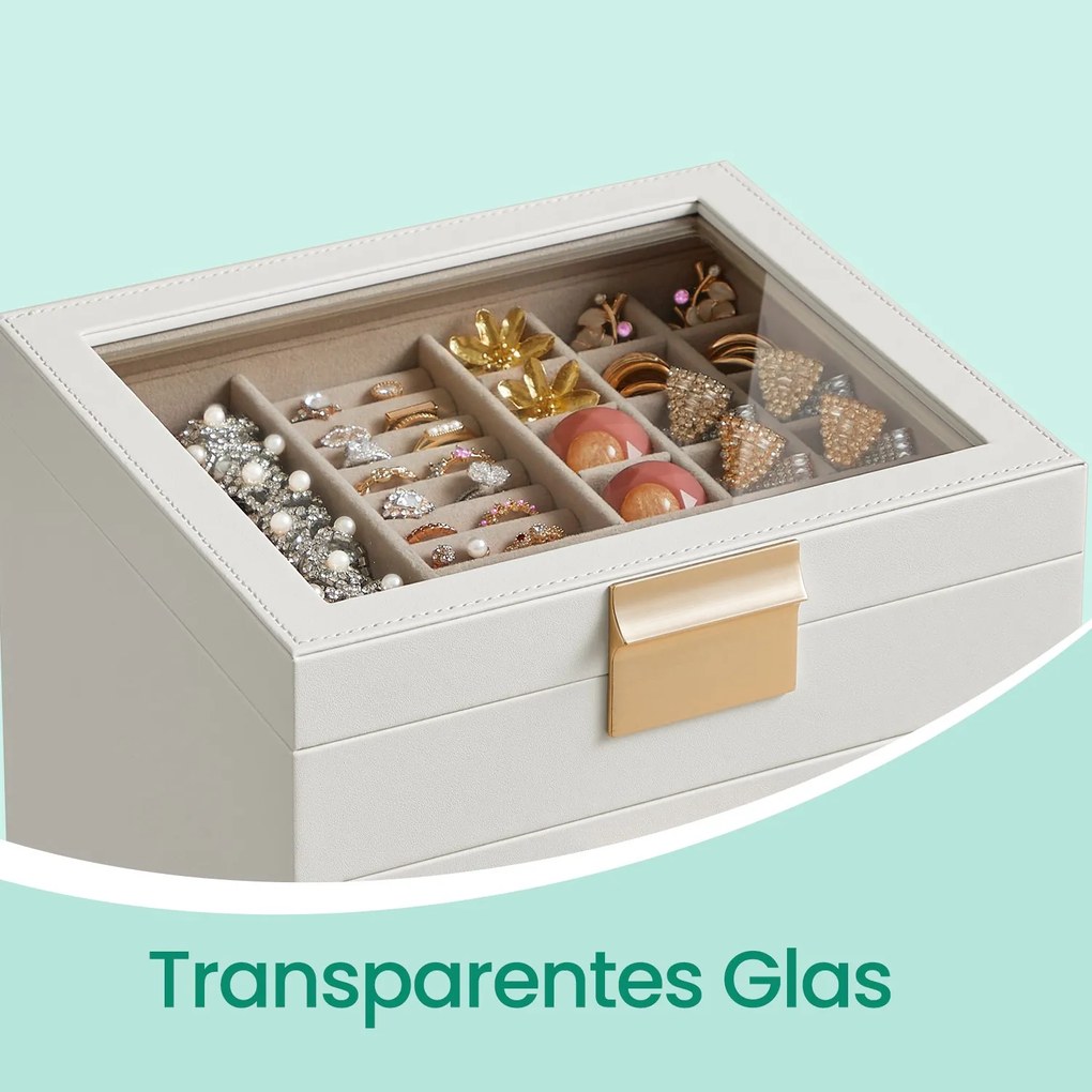 Caixa para joias com 6 níveis, com tampa de vidro 20,3 x 23,1 x 22,8 cm branco-dourado