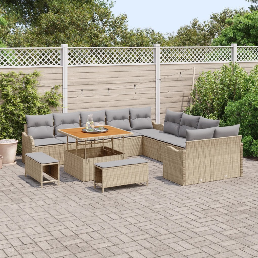 Conjunto de Sofá de Jardim de 13 Peças com Almofadas Bege Rattan Sinté