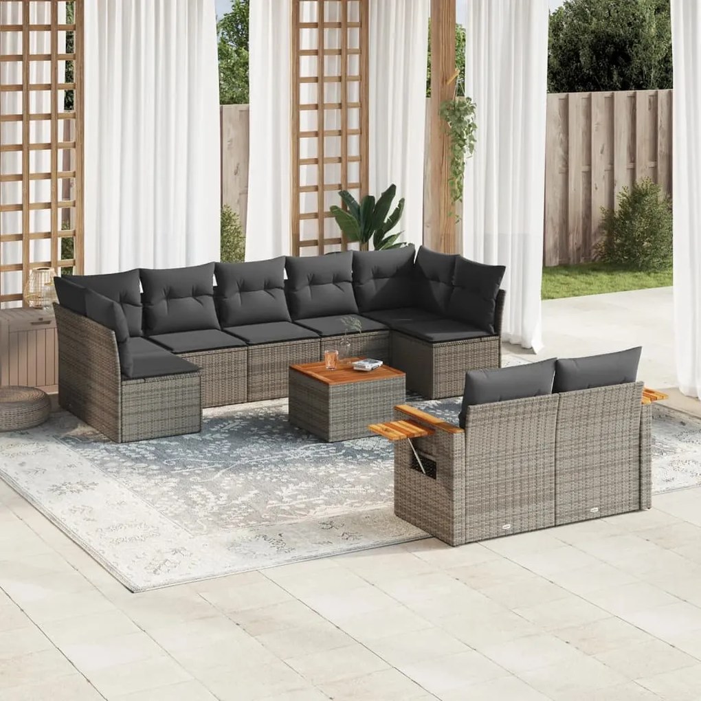 10 pcs conjunto sofás de jardim c/ almofadões vime PE cinzento