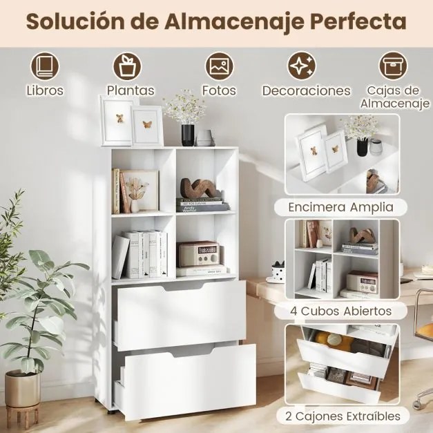 Estante de 4 cubos 70 x 33,5 x 130 cm com 2 gavetas de 5 níveis Design moderno em madeira para sala ou escritório Branco