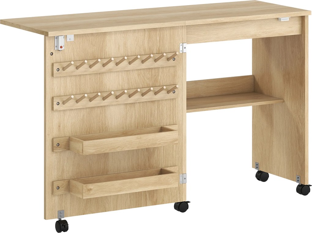 Mesa Dobrável para Máquina de Costura com Porta Magnética, 2 Compartimentos, Prateleira, 18 Suportes para Linhas e 5 Rodas, Madeira Natural