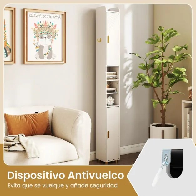 Armário de Casa Banho alto 20 x 20 x 179 cm com prateleiras ajustáveis, gancho lateral, barra e suporte para papel higiênico Branco