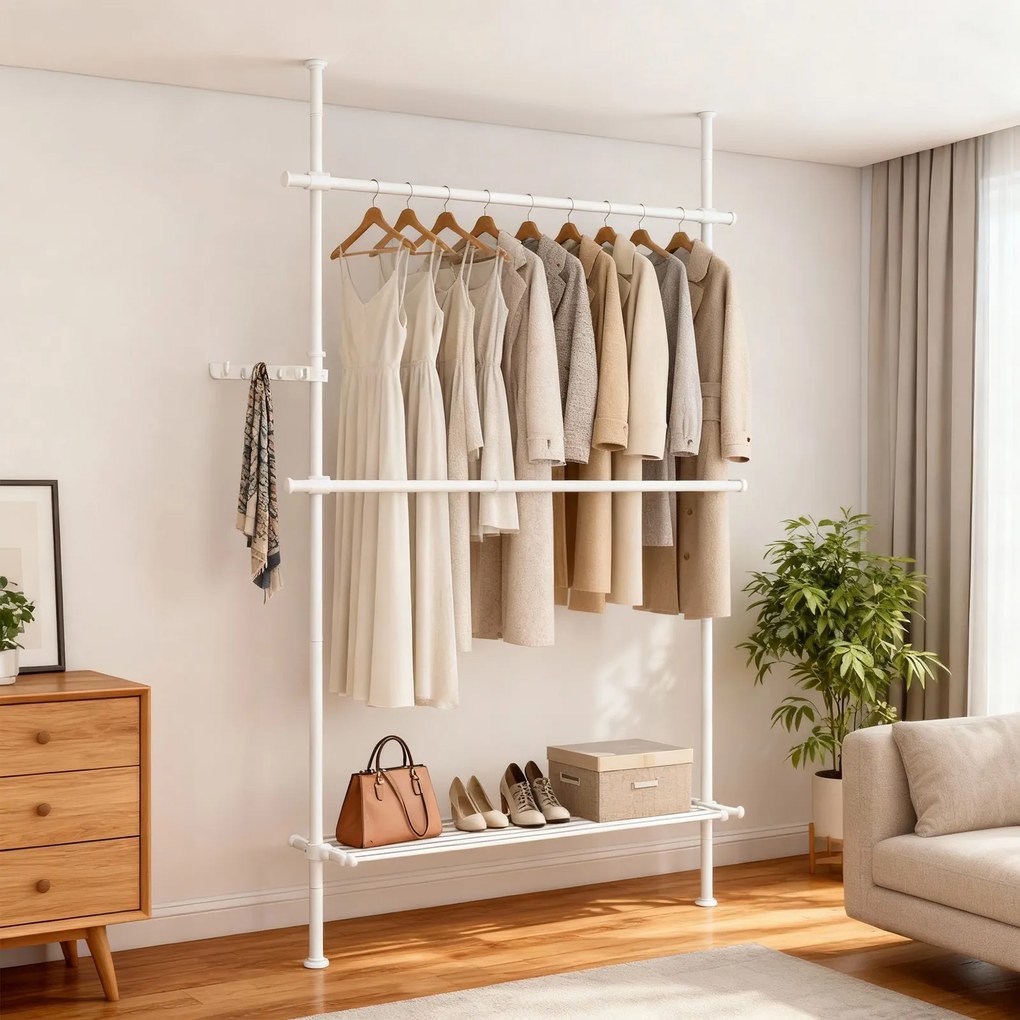 Guarda-roupa aberto com 2 varões e 1 prateleira com 3 níveis 33,5 x (84-123) x (220-300) cm , ajustável em altura e largura Branco