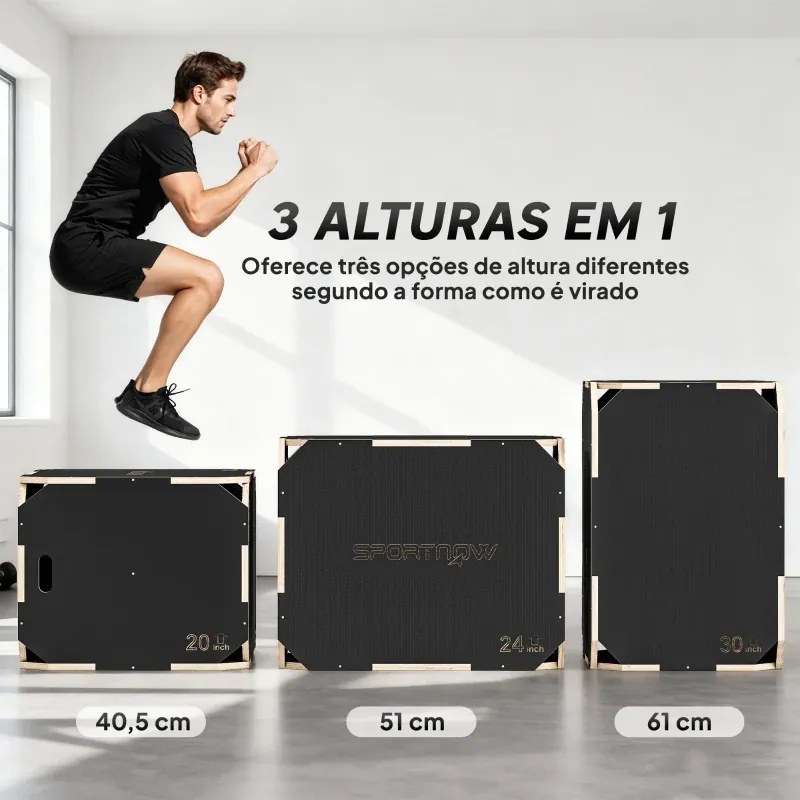Caixa Pliométrica de Madeira com 3 Alturas Diferentes para Treino de Salto Força em Casa Ginásio e Exterior 76x61x Preto