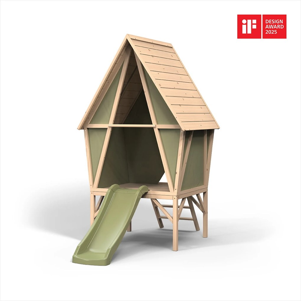 Casa brincar madeira para exterior Yuki 300 com escorrega verde e natural