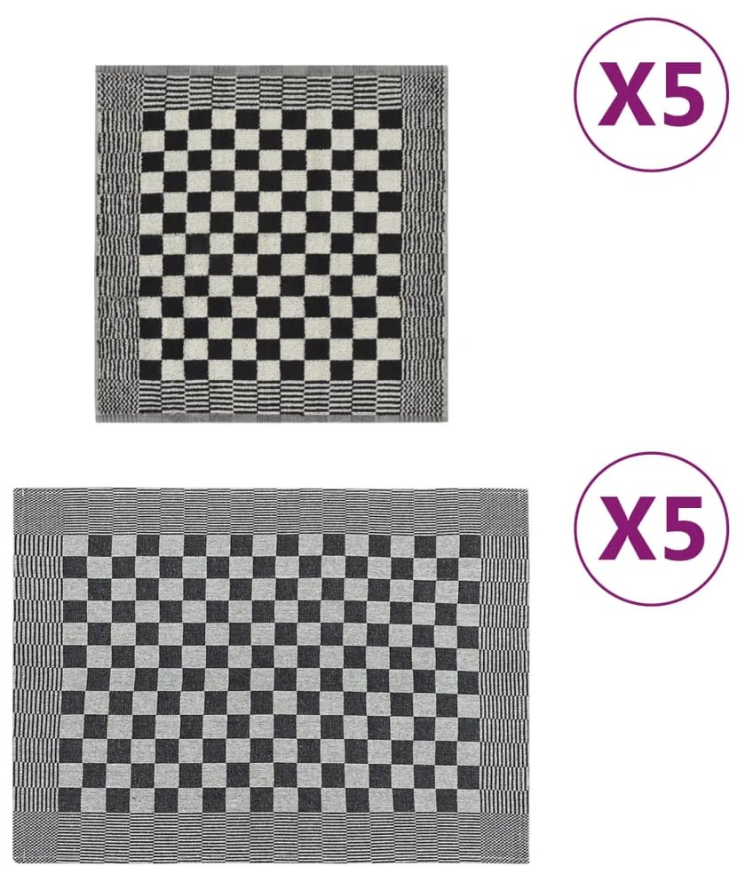 vidaXL Conjunto de panos de cozinha 10 pcs algodão preto e branco