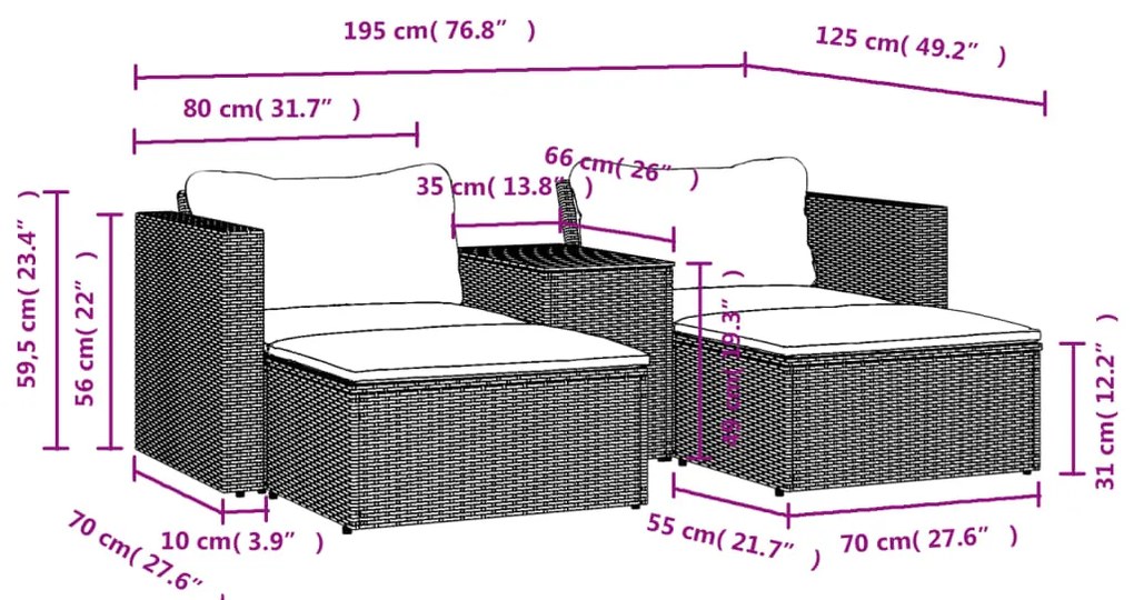 5 pcs conjunto sofás de jardim com almofadões acácia e vime PE