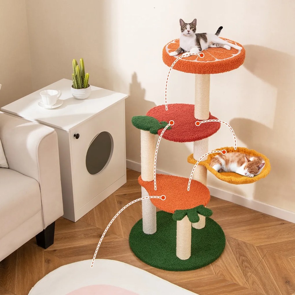 Arranahdor para gatos estilo fruta de 99,5 cm, vários níveis com cabide acolchoado, cesto giratório e postes de sisal para arranhar Laranja