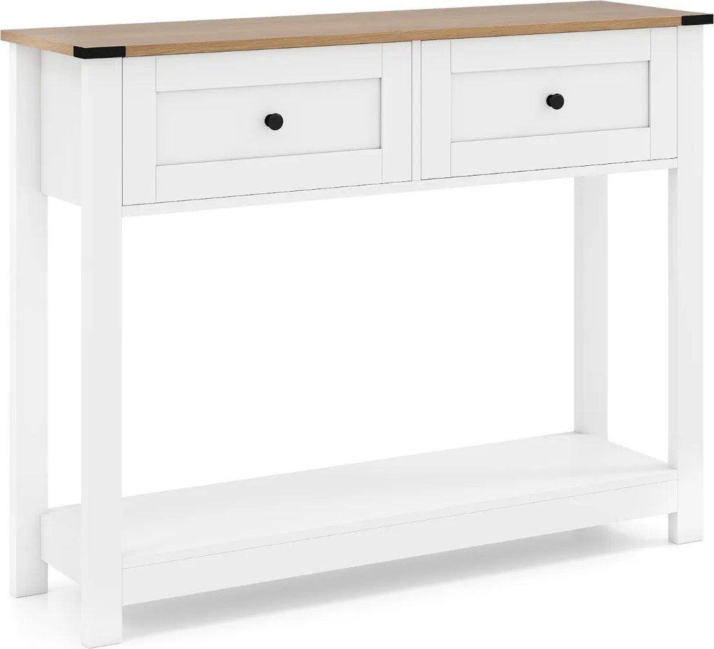 Mesa consola 106 x 30 x 81,5 cm com 2 gavetas e prateleira aberta, estreita, para hall de entrada, corredor ou sala de estar, branca