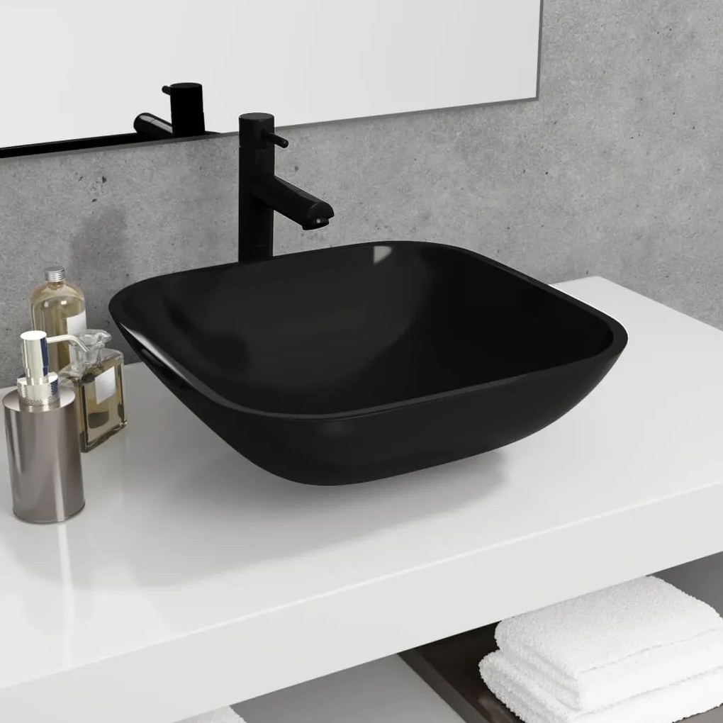 345248 vidaXL Lavatório 42x42x14 cm vidro preto