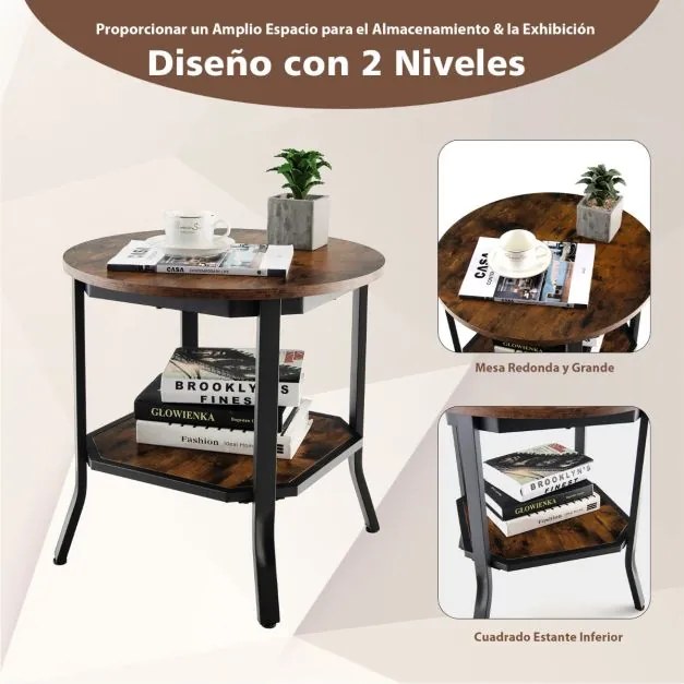 Mesa de centro redonda de 2 níveis Mesa de apoio de sofá industrial multiusos para sala de estar 50 x 50 x 49,5 cm Castanho