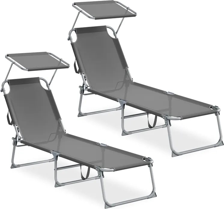 Conjunto de 2 espreguiçadeiras jardim dobrável com encosto ajustável e cortina 189 x 53 x 28,5 cm, cinzenta